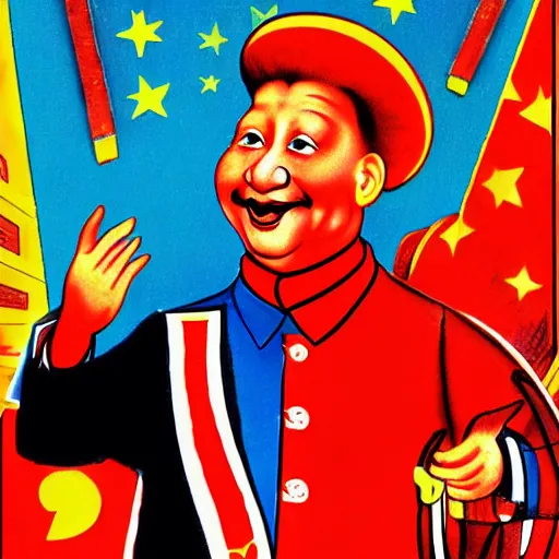 Image similar to xi jinping as communist clown, soviet propaganda style, vivid colors, detailed lines, dominating red color, detailed portrait