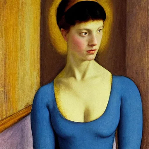 Prompt: close up of a girl in a blue and gold haunted liminal abandoned room, film still by edward hopper, by Pontormo, by klimt, pre-raphaelite. art noveau, art noveau, highly detailed, strong lights, liminal, eerie, Bright pastel colors