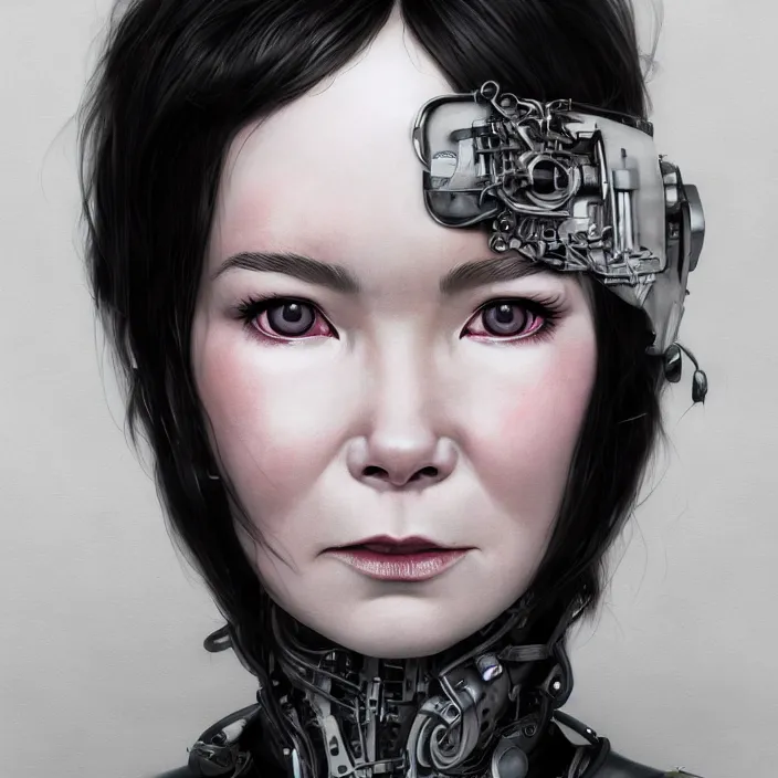 Image similar to hyper - realistic bjork leather cyborg - by tom bagshaw, by ilya kuvshinov, rtx rendering, octane render 1 2 8 k, maya, extreme high intricate details by wlop, digital anime art by ross tran, medium shot, close up shot, composition by sana takeda, dramatic lighting by greg rutkowski, 8 k, trending on artstation