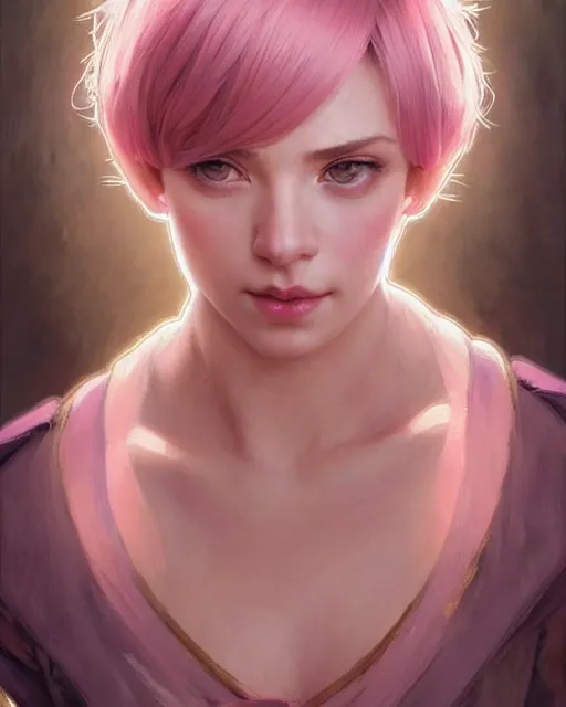 Image similar to portrait of a pink short haired till shoulder half elf with bangs, intricate, elegant, highly detailed, my rendition, digital painting, artstation, concept art, smooth, sharp focus, illustration, art by artgerm and greg rutkowski and alphonse mucha and uang guangjian and gil elvgren and sachin teng and wlop, symmetry!!