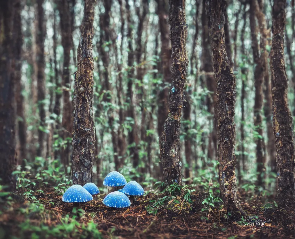 Image similar to blue forest, glowing mushrooms, sigma lens, strong bokeh, photography, highly detailed, 8 5 mm, f / 1. 3