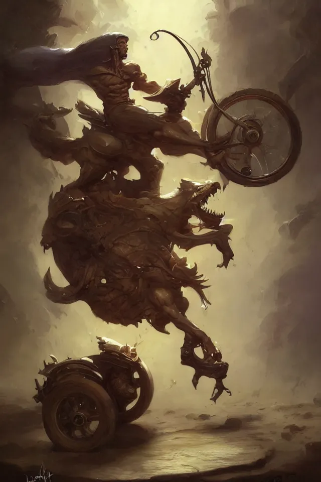 Prompt: A beautiful oil cartoony painting of a happy Remi Malek riding a tricycle by Lucas Graciano, Frank Frazetta, Greg Rutkowski, Boris Vallejo, epic fantasy character art, high fantasy, Exquisite detail, post-processing, low angle, masterpiece, cinematic