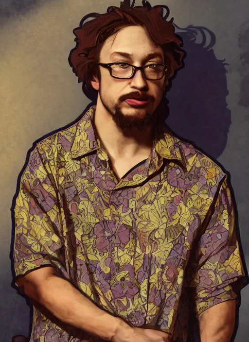 Image similar to Sam Hyde wearing luxuruous hawaiian vintage shirt, rule of thirds, accurately portrayed, portrait art by alphonse mucha and greg rutkowski, highly detailed, digital painting, concept art, illustration, ethereal lighting with twilight rays of sunlight, trending on artstation, very detailed, smooth, sharp focus, octane render, close up