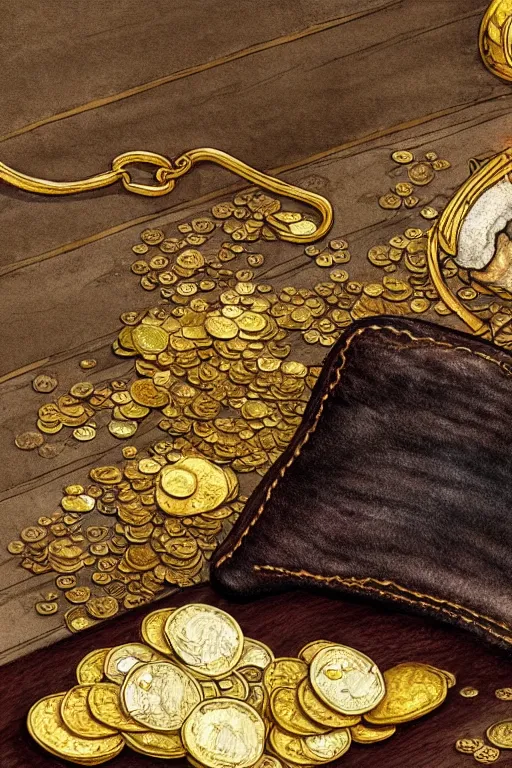 Image similar to leather pouch and scattered gold coins on a wooden table with cozy fireplace in the background, warm lighting, fantasy, intricate, elegant, highly detailed, digital painting, artstation, concept art, matte, sharp focus, illustration, art by kay nielsen and walter crane, illustration style, watercolor