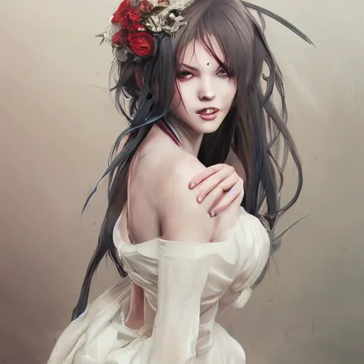 Prompt: The bride in a bloody dress, by Stanley Artgerm Lau, WLOP, Rossdraws, James Jean, Andrei Riabovitchev, Marc Simonetti, Yoshitaka Amano, ArtStation, CGSociety,