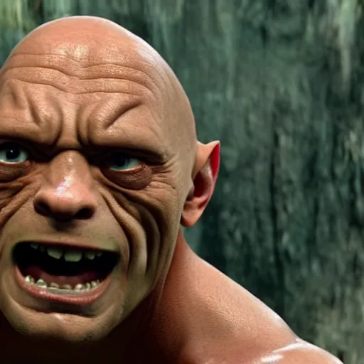 Image similar to gollum as Dwayne the rock Johnson, laughing