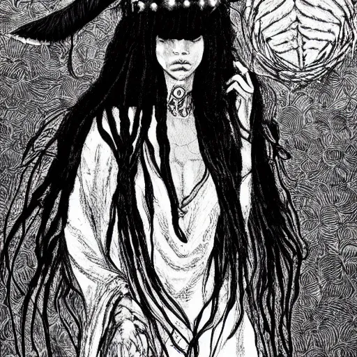 Image similar to black and white pen and ink!!!!!!! sorcerer beautiful attractive long hair Zoë Kravitz wearing High Royal flower print robes flaming!!!! final form flowing ritual royal!!! Contemplative stance Vagabond!!!!!!!! floating magic witch!!!! glides through a beautiful!!!!!!! Camellia!!!! Tsubaki!!! death-flower!!!! battlefield behind!!!! dramatic esoteric!!!!!! Long hair flowing dancing illustrated in high detail!!!!!!!! by Hiroya Oku!!!!!!!!! graphic novel published on 2049 award winning!!!! full body portrait!!!!! action exposition manga panel black and white Shonen Jump issue by David Lynch eraserhead and beautiful line art Hirohiko Araki!! Frank Miller, Kentaro Miura!, Jojo's Bizzare Adventure!!!! 3 sequential art golden ratio technical perspective panels horizontal per page