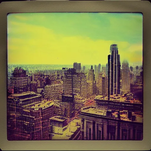 Image similar to polaroid of dream, city, double exposure, chromatic aberration