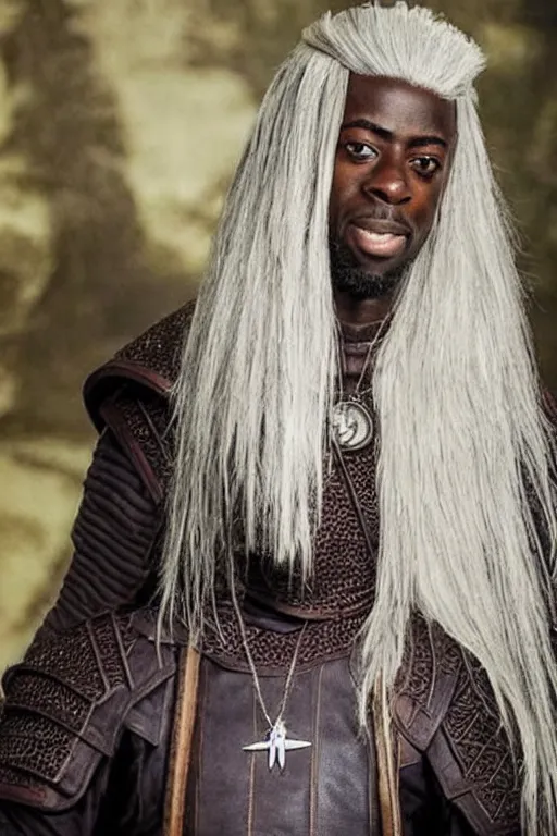 Prompt: Ousmane Dembélé from Barcelona as Geralt of Rivia fromThe Witcher, white hair