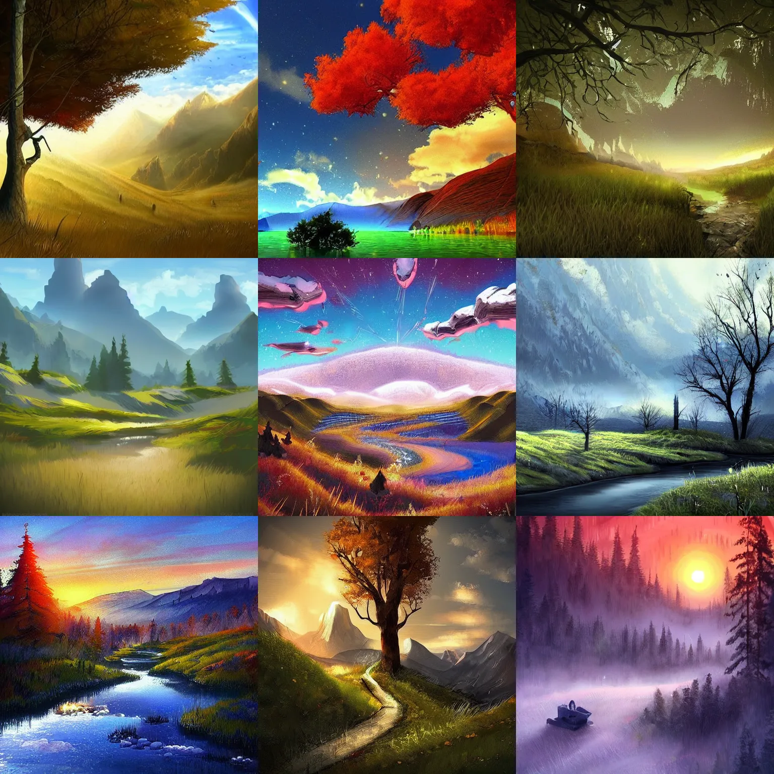 Prompt: beautiful stunning landscape art in the style of rez _ 7 7 7,