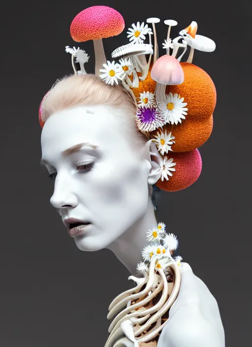 Prompt: biomechanical beautiful woman portrait with a smooth porcelain ivory profile face, futuristic haute couture, iris van herpin, headdress with daisies, colorful puffballs, mushrooms, rhizomorphs, brackets, sponge corals, laser cut paper lace collar, octane highly render, 8 k, rim light