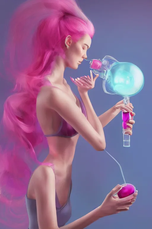 Prompt: Beautiful Woman Using a Pink Vapor Inhalation Machine Connected to a Spherical Bottle of Pink Liquid by a Tube, Pink Vapor Leaking from an Oxygen Mask, fantasy, magic, ultra detailed, digital art, trending on artstation, illustration, medical laboratory