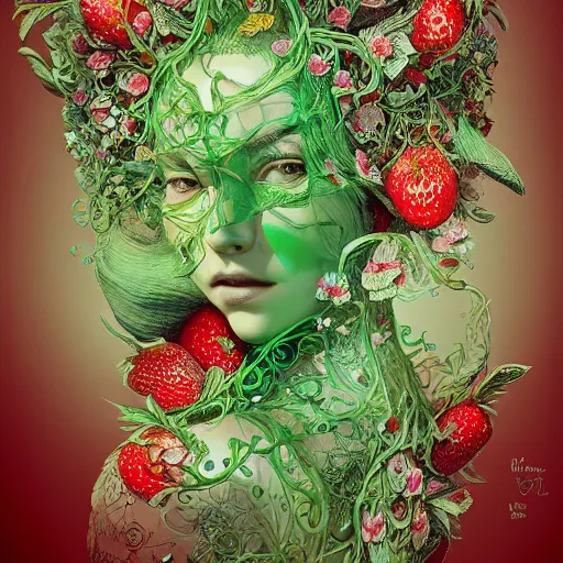 Image similar to the portrait of an absurdly beautiful, graceful, elegant, sophisticated, chaste woman made of strawberries and green petals looking up, an ultrafine hyperdetailed illustration by kim jung gi, irakli nadar, intricate linework, bright colors, octopath traveler, final fantasy, unreal engine 5 highly rendered, global illumination, radiant light, detailed and intricate environment