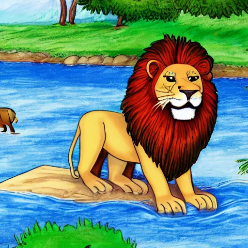 Prompt: a lion in the river very well drawn, cartoon for small children of 3 years, smooth, sharp focus, illustration, ArtStation