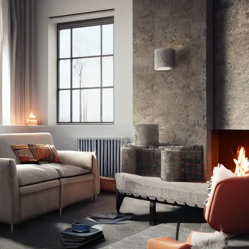 Image similar to two armchairs sitting in front of a cosy fireplace, modern home design interior, octane render, hyperrealistic, concrete archetecture, vray, volumetric lighting, cinema 4 d, unreal engine