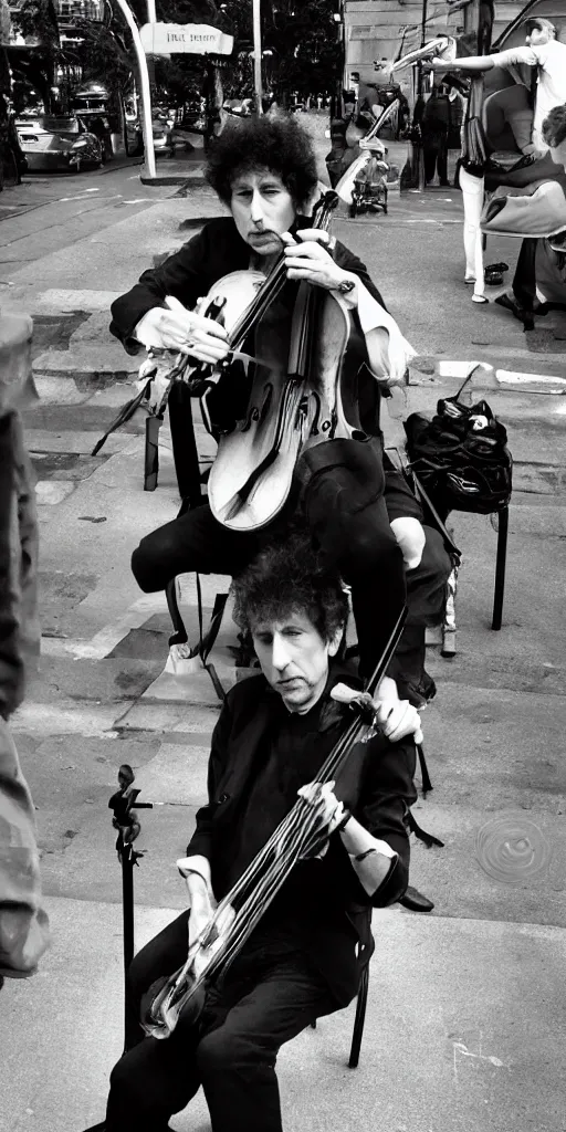 Image similar to Bob Dylan playing a cello on the streets, Karlkka, Jayison Devadas, Phuoc Quan, trending on Artstation, 8K, ultra wide angle, pincushion lens effect