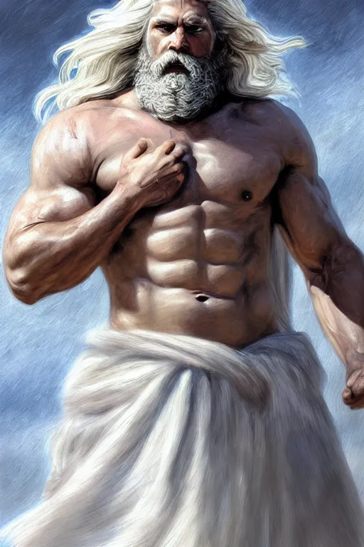 Image similar to painted portrait of rugged zeus, god of thunder, greek god, white hair, masculine, powerful, handsome, opulent, upper body, white robe, muscular, hairy torso, fantasy, intricate, elegant, highly detailed, digital painting, artstation, concept art, smooth, sharp focus, illustration, art by gaston bussiere and magali villeneuve