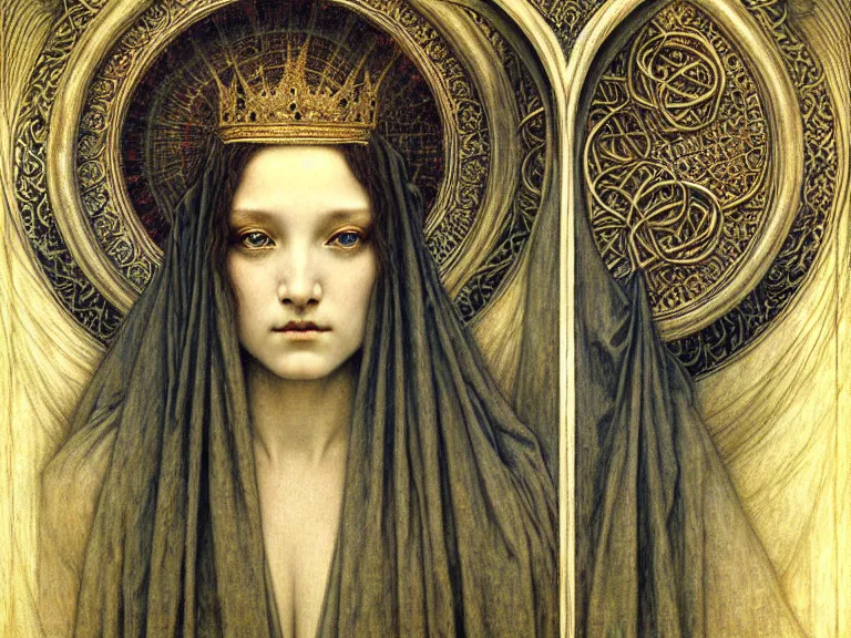 Image similar to detailed realistic beautiful young medieval queen face portrait by jean delville, gustave dore and marco mazzoni, art nouveau, symbolist, visionary, gothic, pre - raphaelite. horizontal symmetry