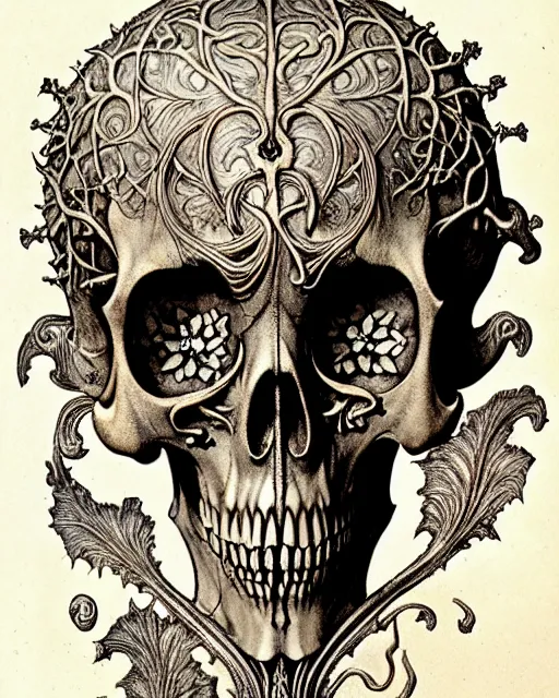 Image similar to memento mori by arthur rackham, art forms of nature by ernst haeckel, exquisitely detailed, art nouveau, gothic, ornately carved beautiful skull dominant, intricately carved antique bone, art nouveau botanicals, ornamental bone carvings, art forms of nature by ernst haeckel, horizontal symmetry, arthur rackham, ernst haeckel