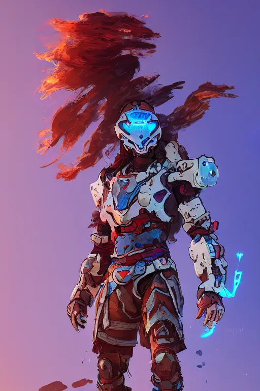 Image similar to combination suit armor aloy horizon forbidden west horizon zero dawn radiating a glowing aura global illumination ray tracing hdr fanart arstation by ian pesty and alena aenami artworks in 4 k tribal robot ninja mask helmet backpack