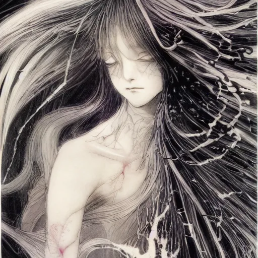 Prompt: Yoshitaka Amano blurred and dreamy illustration of an anime girl with wavy white hair fluttering in the wind and cracks on her face wearing elven armor with engravings, background with abstract black and white patterns, noisy film grain effect, highly detailed, Renaissance oil painting, weird portrait angle, three quarter view