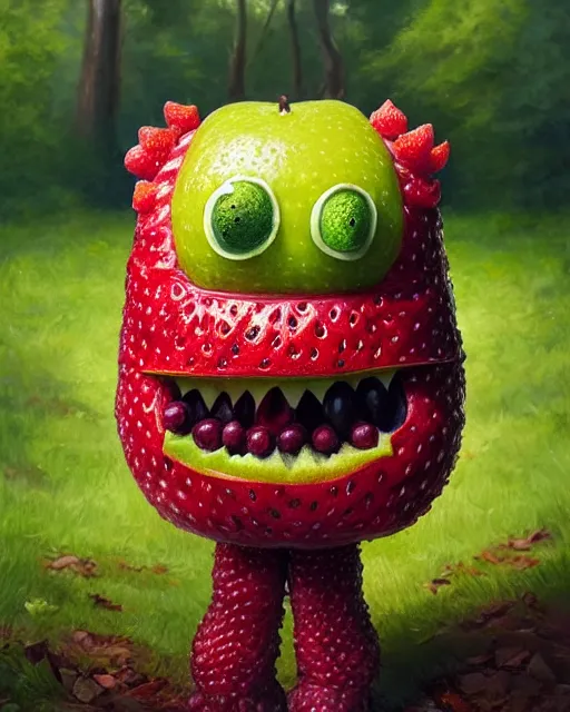 Image similar to portrait of a cute fruit figurine monster made of different fruit, standing in a forest, staring wide open eyes, open mouth, very detailed eyes, trees in the background, sunlight, oil painting, highly detailed, dramatic lighting, hyperrealistic, 8 k, smooth, intricate, artstation, cgsociety, by artgerm, by wlop