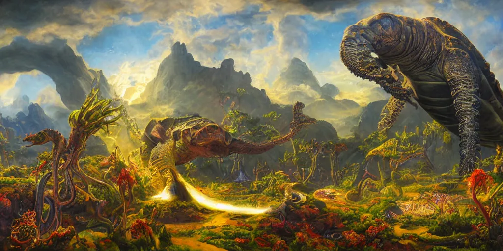 Image similar to fantasy oil painting, great leviathan, cybernetic turtle cephalopod terrapin reptilian pachyderm squid, bella hadid, hybrid, milla jovovich, anubis, epic natural light, lush plants flowers, spectacular mountains, bright clouds, luminous sky, outer worlds, golden hour, michael cheval, edward hopper, michael whelan, vray, hd