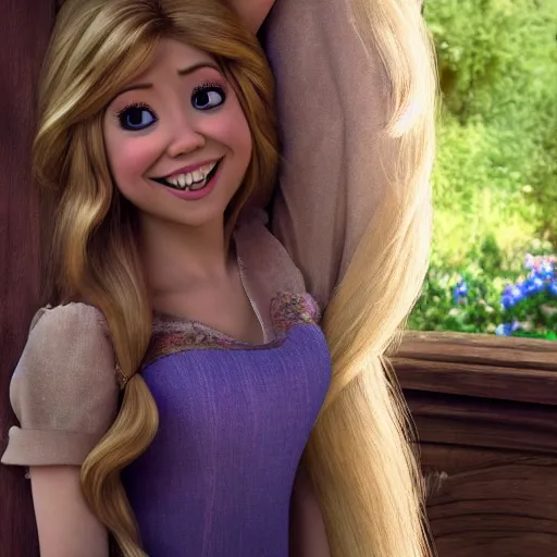 Image similar to Jennette McCurdy as Rapunzel in disney tangled live action, 8k full HD photo, cinematic lighting, anatomically correct, oscar award winning, action filled, correct eye placement,