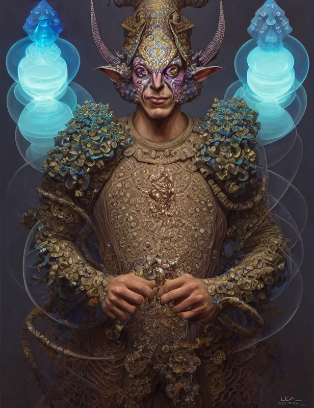 Image similar to front shot of a court jester character, hyperdimensional, bioluminescent hypercubes, ((intricate)), elegant, highly detailed, centered, (((artstation, concept art, smooth, sharp focus, artgerm, Tomasz Alen Kopera, Peter Mohrbacher, donato giancola, Joseph Christian Leyendecker, WLOP, Boris Vallejo))), mugshot!!!!!, ugly!!!!!!, octane render, nvidia raytracing demo, grainy, muted, 8K, digitalblasphemy