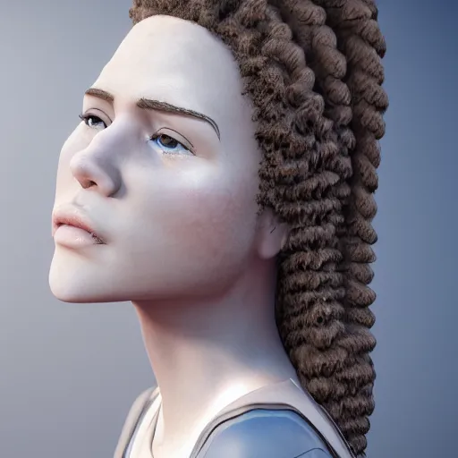 Image similar to a profile of girl with long curly hair and big horns, octane render, 4 k, 8 k, behance hd