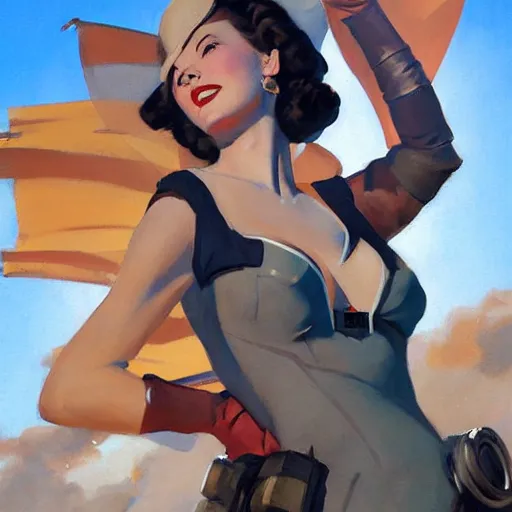 Image similar to greg manchess portrait painting of 1 9 4 0's pinup as overwatch's characters, medium shot, asymmetrical, profile picture, organic painting, sunny day, matte painting, bold shapes, hard edges, street art, trending on artstation, by huang guangjian and gil elvgren and sachin teng