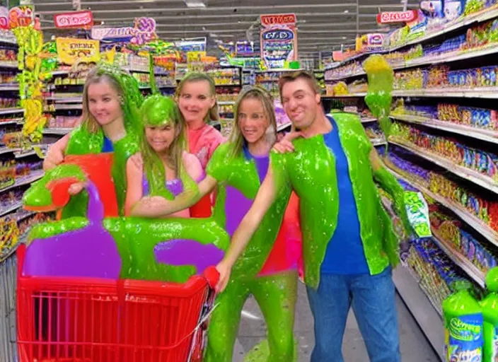 Image similar to the episode of supermarket sweep where the aisles are filled with nickelodeon slime hd