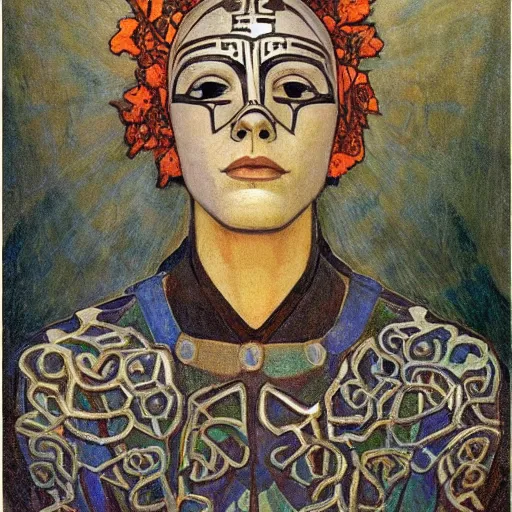 Prompt: head of a beautiful boy wearing a mask made of metal flowers, by annie swynnerton and nicholas roerich and jean delville and john watkiss, art deco shaman, stylized geometric flowers, art brut, symbolist, dramatic lighting, god rays, iridescent beetles, clean crisp graphics, smooth sharp focus, extremely detailed, adolf wolfli