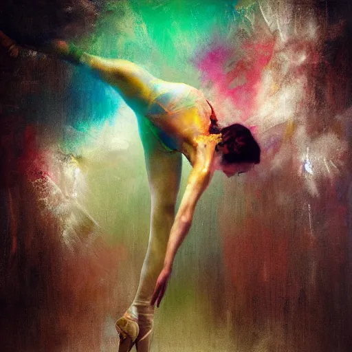 Prompt: ballet dancer movement by cy Twombly and BASTIEN LECOUFFE DEHARME, colorful, iridescent, volumetric lighting, abstract