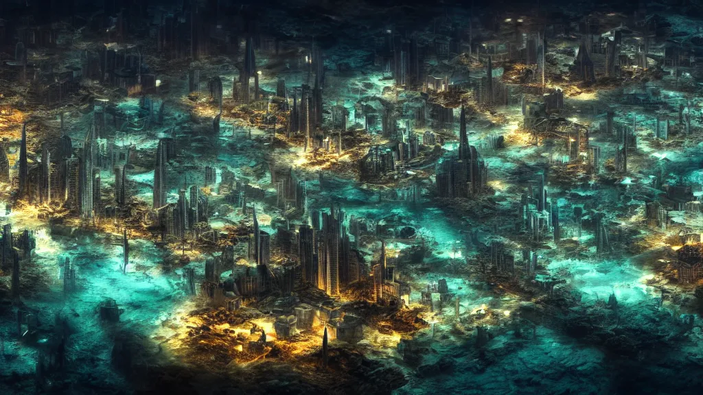 Image similar to photograph of an underwater city at night, 4 k resolution