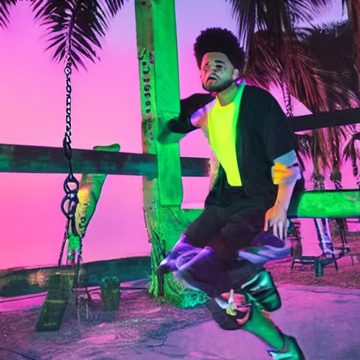 Prompt: photograph of the Weeknd wearing shorts swinging on a swing at night neon lights