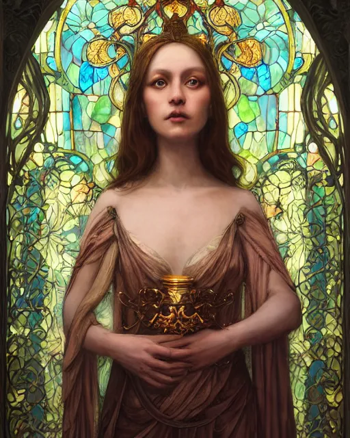 Prompt: full view realistic ethereal woman with big eyes and a glowing face, photorealistic, wearing a beautiful dress by mandy jurgens and ruan jia, ornate art nouveau background by elisabeth sonrel, iconography stained glass forest background, mystical oil on linen, award winning, dramatic lighting, intricate details, realistic, full view, artstation, cg