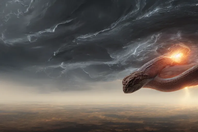 Prompt: dramatic panoramic picture of a frightening big snake coming from space crashing through the clouds about to hit earth. the snake is in the center of the picture. the entire snake is within the frame. volumetric light highly detailed, focus on the snake, unreal render, trending on artstation