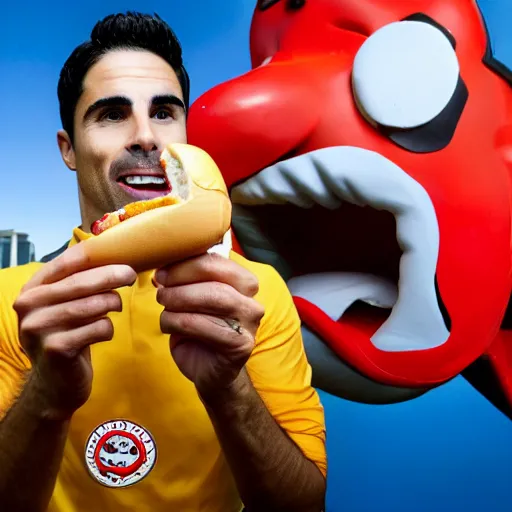 Image similar to a promo portrait of mikel arteta holding a delicious hot dog with mustard and ketchup up to the camera, happy, hyper detailed, fisheye lense, reuters