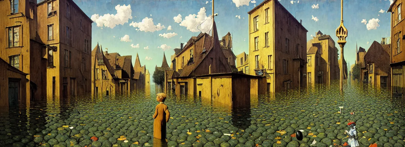 Image similar to flooded! old wooden empty cursed city street, very coherent and colorful high contrast masterpiece by franz sedlacek rene magritte gediminas pranckevicius norman rockwell, full - length view, dark shadows, sunny day, hard lighting, reference sheet white background