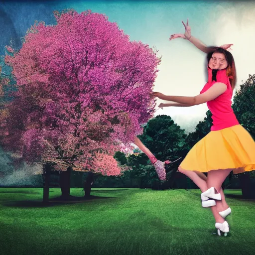Image similar to a giantess man with a giant woman dancing together, enormous, big, photoshop, photo manipulation, trees, houses, street, hearts symbol