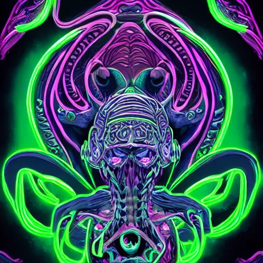 Image similar to 4 k stylized neon headshot of godlike cthulhu with defined arms and open hands and bloody clothes with giant mandala wings, intricate face, flawless anime cel animation by kentaro miura, psychedelic, highly detailed upper body, professionally post - processed, beautiful, scary, symmetry accurate features, epic, octane rendered, anime masterpiece, accurate