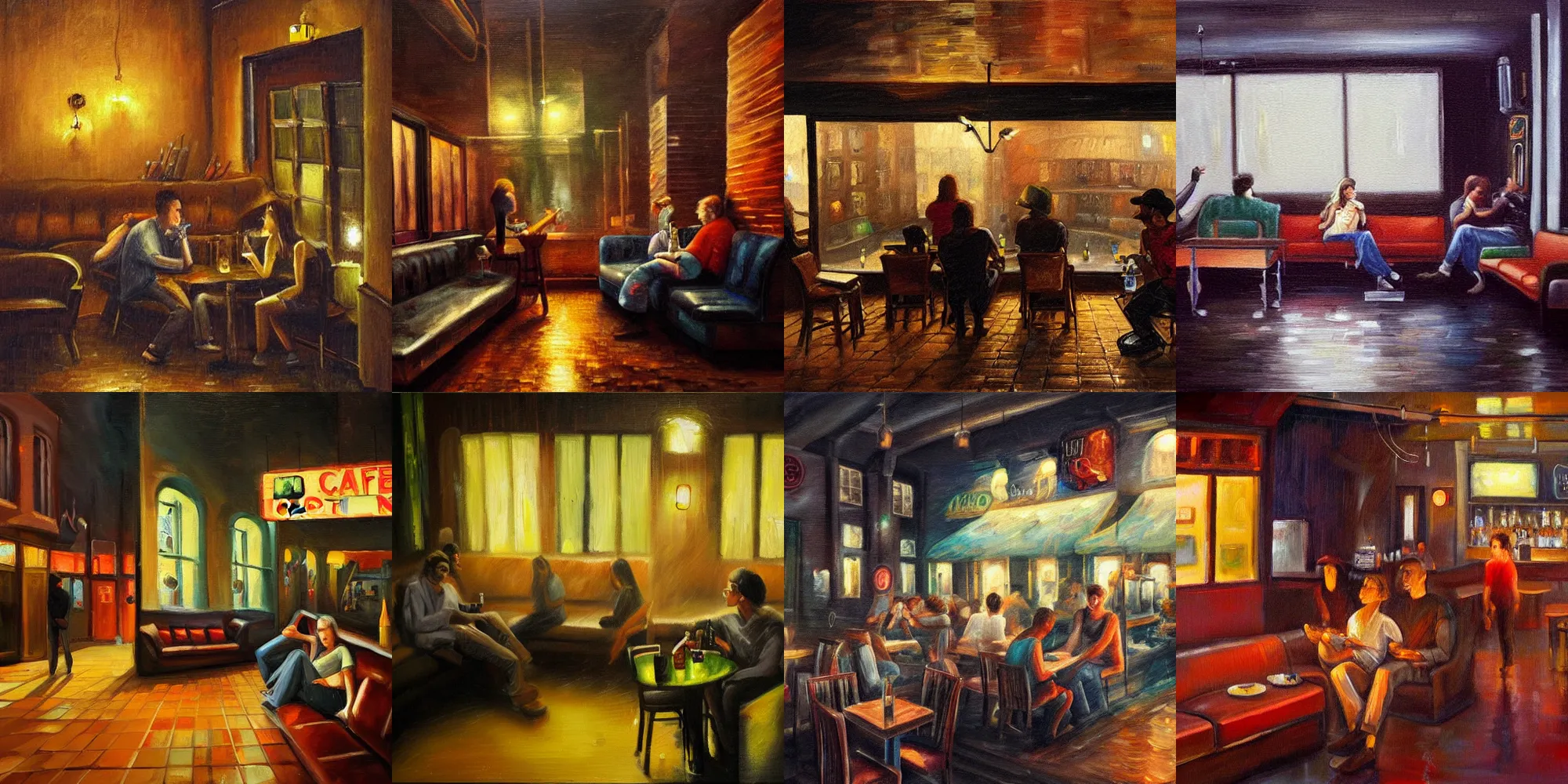 Prompt: interior of night cafe with people sitting on a couch smoking cigarettes and drinking beer during a thunderstorm outside, oil painting, warm colors, dark background, highly detailed, high contrast,