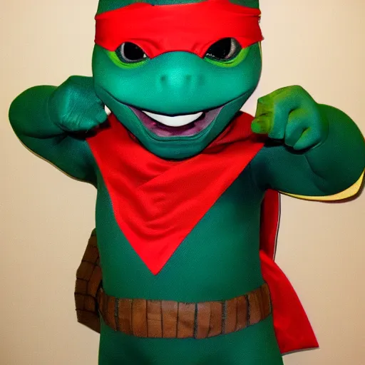 Prompt: Meeting an very cool NINJA TURTLE in the backroom of Sears