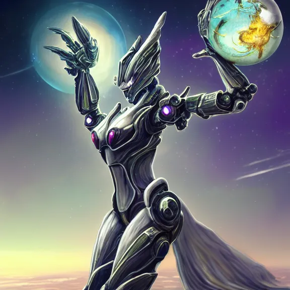 Image similar to goddess shot, galactic sized stunning beautiful anthropomorphic robot mecha female dragon, in space, larger than planets, holding the earth, the earth a mere marble in her claws, detailed silver armor, epic proportions, epic scale, detailed digital art, furry, macro art, dragon art, giantess, warframe fanart, furaffinity, deviantart, realistic