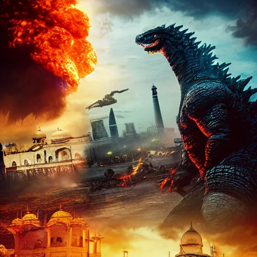 Prompt: godzilla near taj mahal, majestic, breathtaking, lightining in background, ultrafine hyperrealistic detailed illustration by kim jung gi, irakli nadar, intricate linework, sharp focus, bright colors, matte, film still from godzilla king of monsters, final fantasy, unreal engine highly rendered, 8 k, global illumination, radiant light, intricate environment