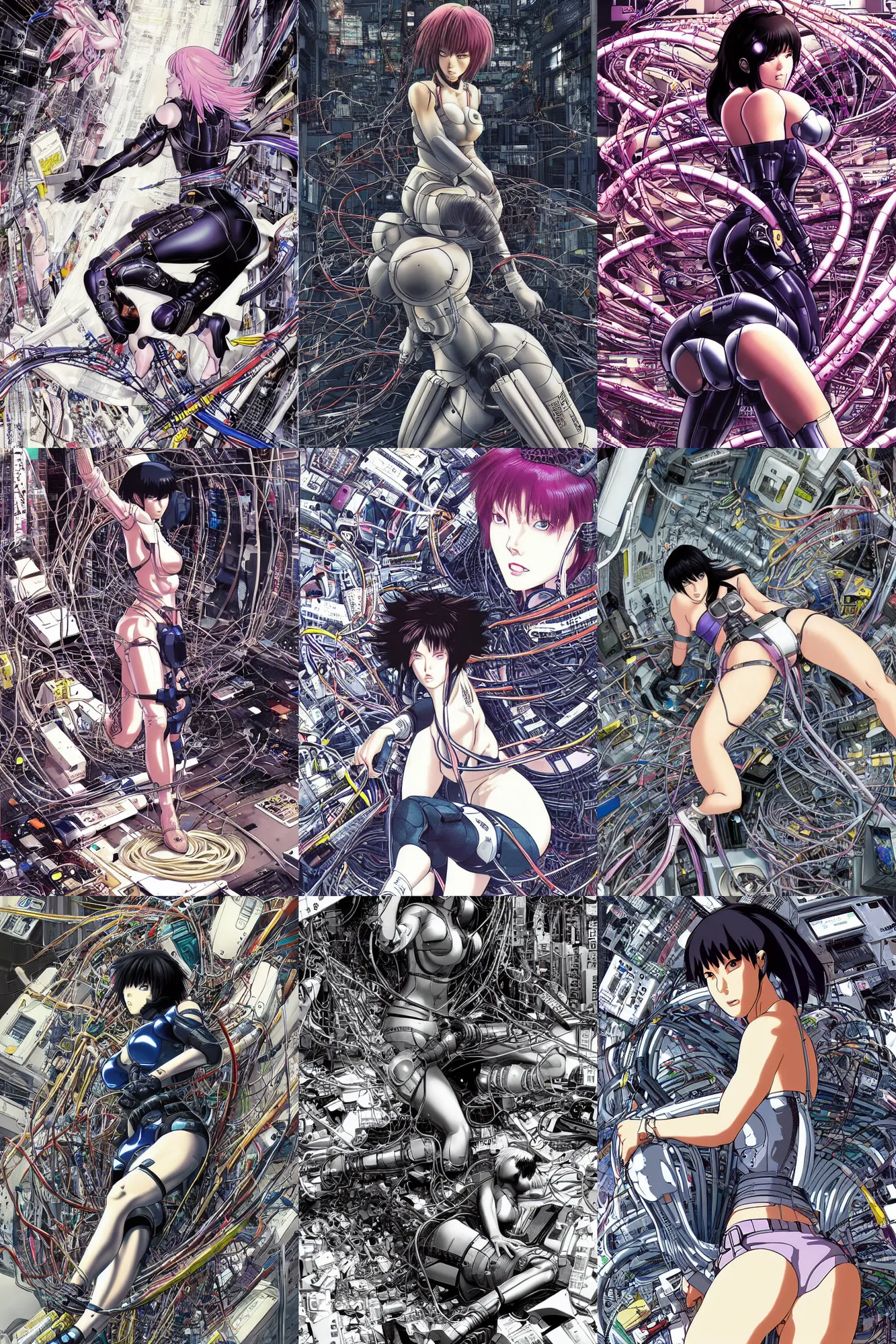 Image similar to hyper coherent motoko kusanagi kneeling on a white in style of masamune shirow, empty floor, with a mess of wires and cables coming out of her head and backside, by Yukito Kishiro and katsuhiro otomo, illustration, cyberpunk, hyper-detailed, colorful, complex, intricate, masterpiece, epic