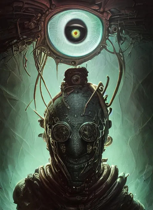 Image similar to cyberpunk hp lovecraft monster mf doom reptile eyes, dark metallic skin, highly detailed, centered, digital painting, artstation, concept art, smooth, sharp focus, illustration, artgerm, tomasz alen kopera, peter mohrbacher, donato giancola, joseph christian leyendecker, wlop, frank frazetta