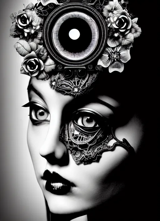 Image similar to black and white gothic masterpiece profile portrait, one steampunk eye silver hexagonal meshes floral biomechanical beautiful young female cyborg - vampire, big monocular, volumetric light, hibiscus flowers, by hg giger, rim light, big gothic fashion pearl embroidered collar, 8 k