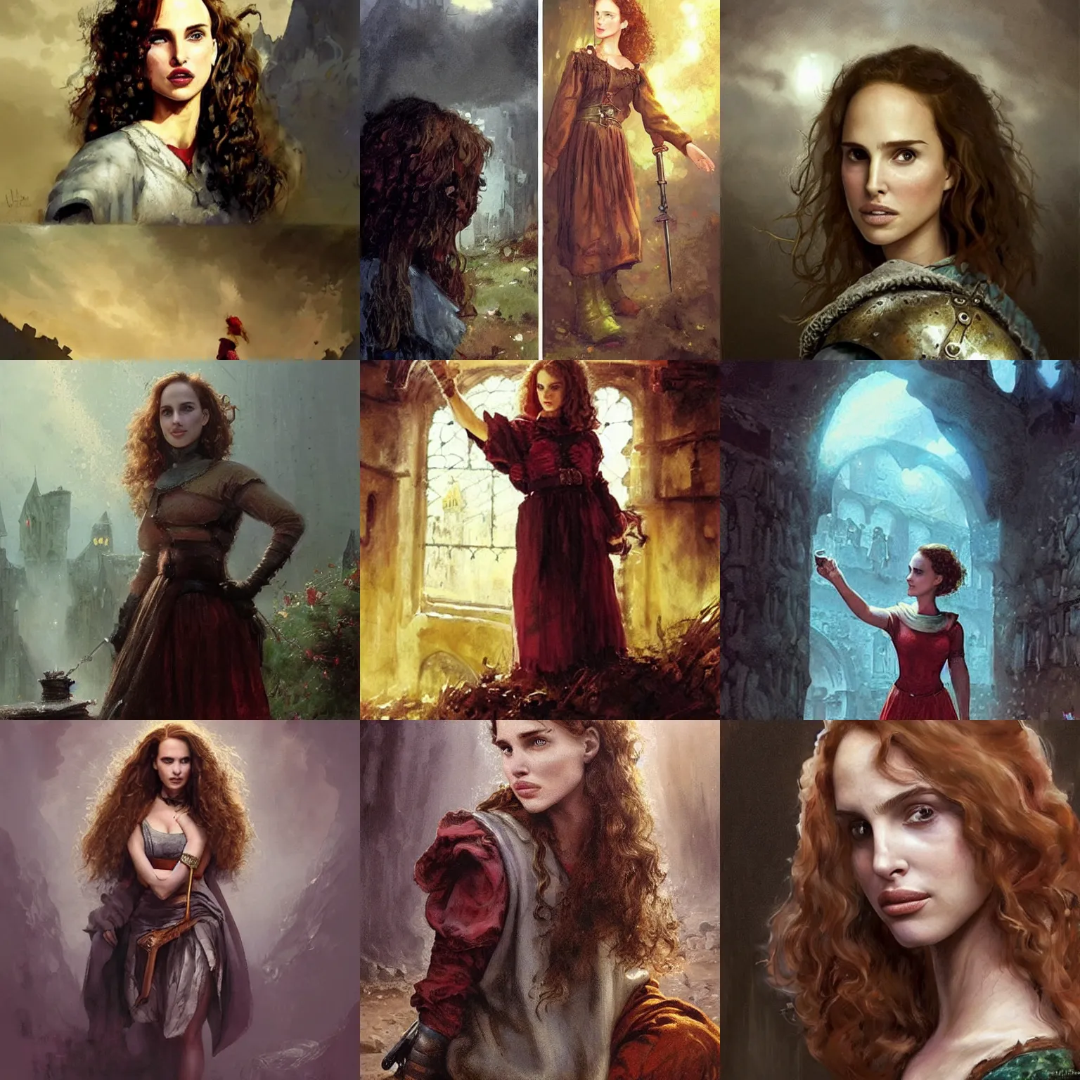 Prompt: young, freckled, curly haired, redhead natalie portman as a optimistic!, cheerful!!!, clumsy medieval alchemist in a dark medieval inn. dark shadows, colorful, ( ( ( dim light ) ) ), law contrasts, fantasy concept art by jakub rozalski, jan matejko, and j. dickenson